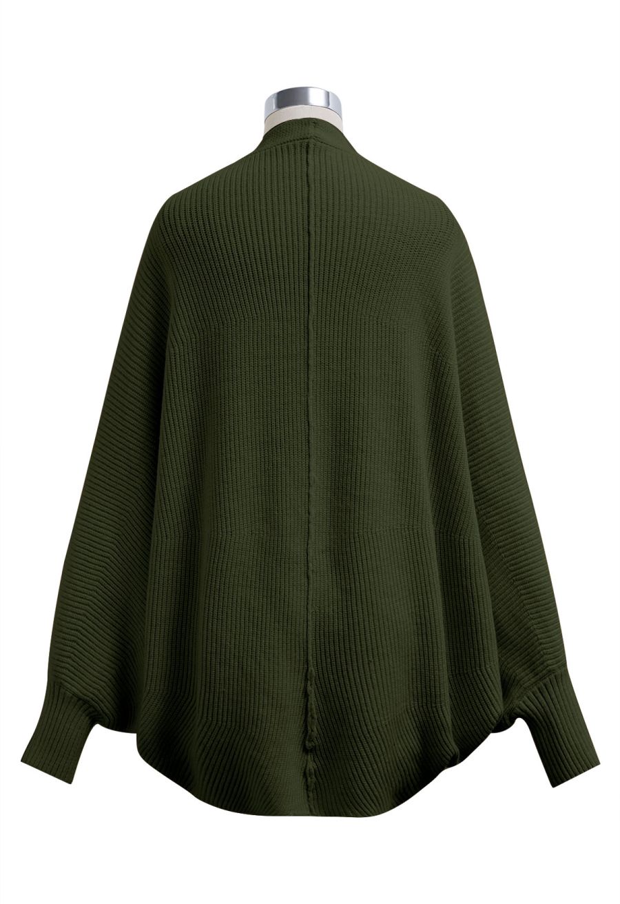 Batwing Sleeves Open Front Knit Cardigan in Army Green