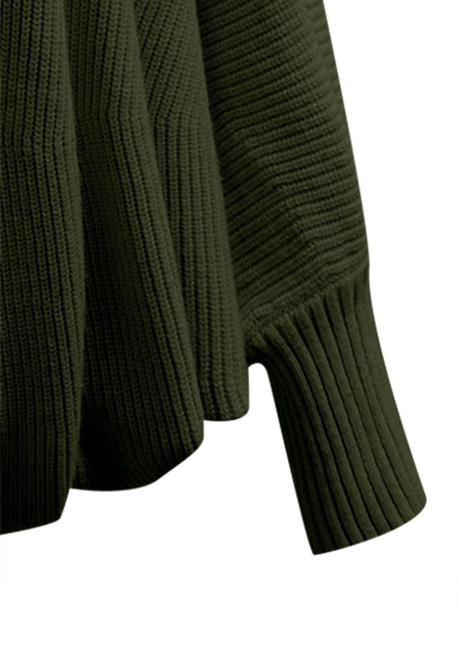 Batwing Sleeves Open Front Knit Cardigan in Army Green