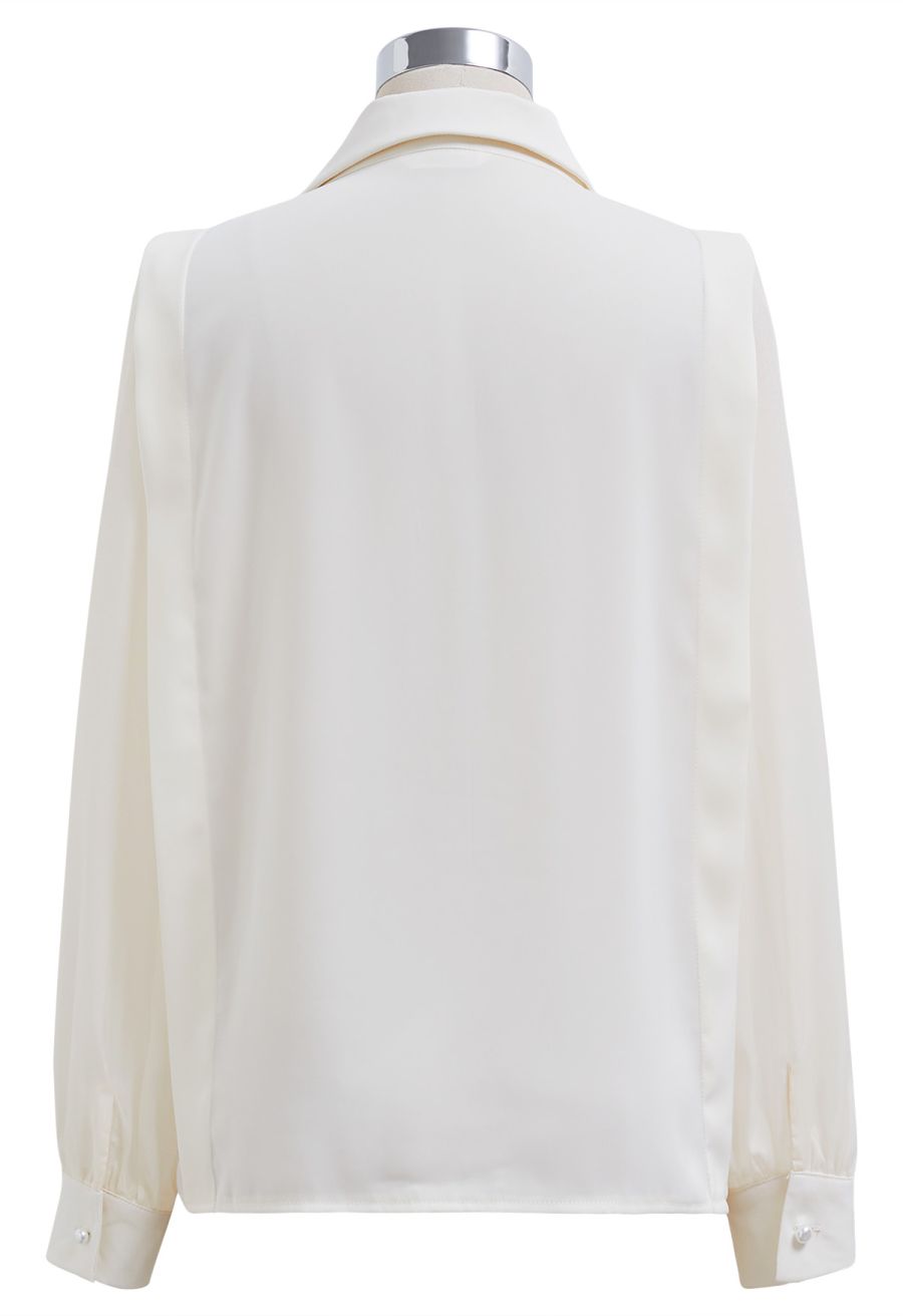 Heart Necklace V-Neck Satin Shirt in Cream
