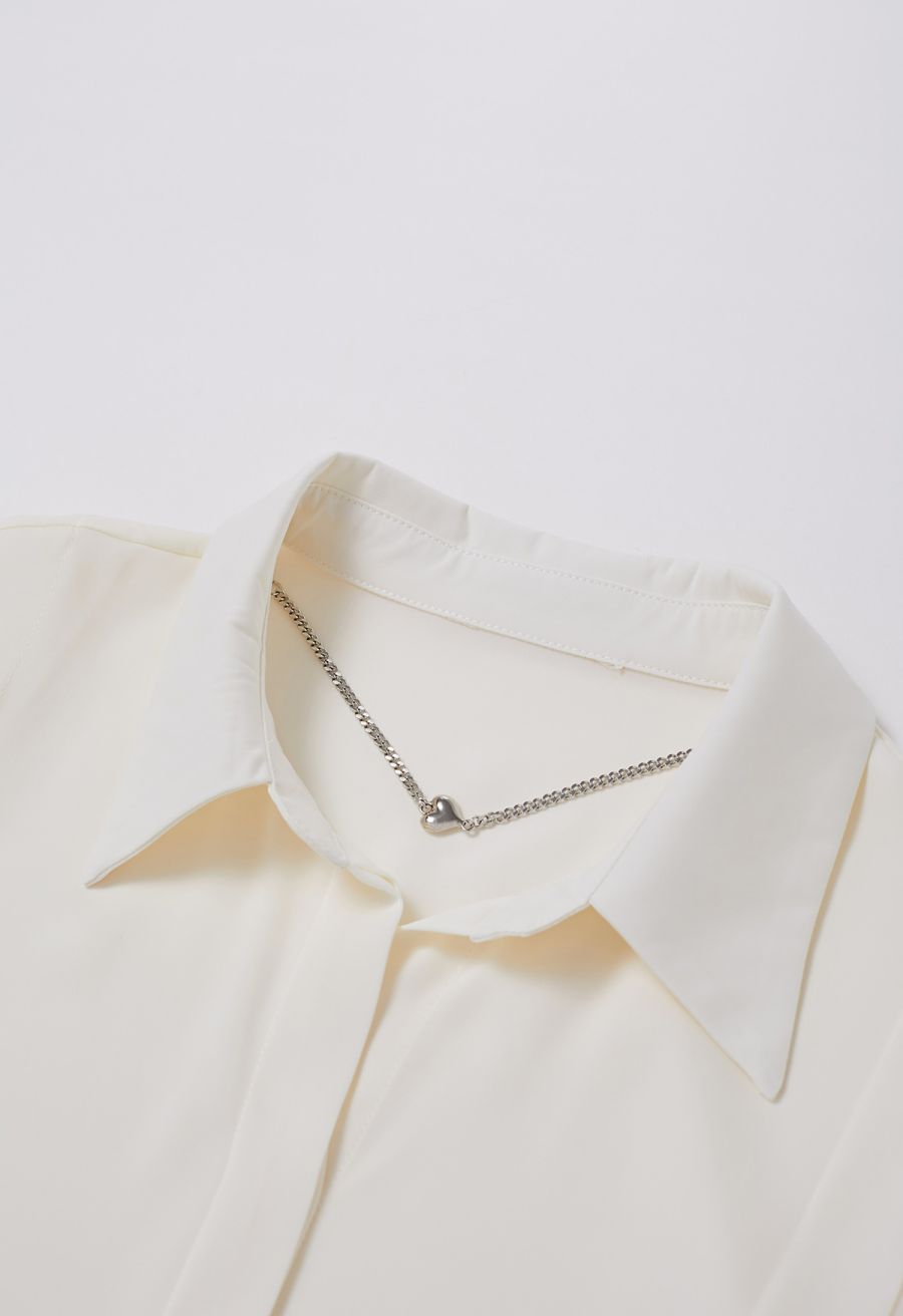 Heart Necklace V-Neck Satin Shirt in Cream