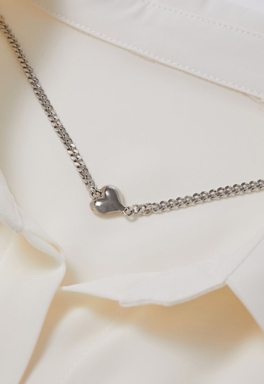 Heart Necklace V-Neck Satin Shirt in Cream