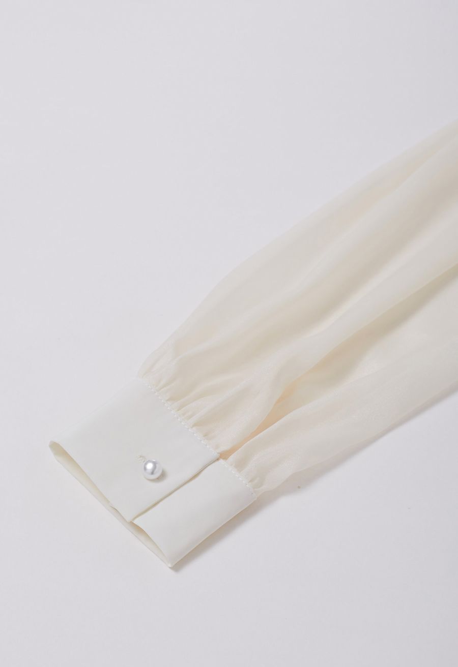 Heart Necklace V-Neck Satin Shirt in Cream