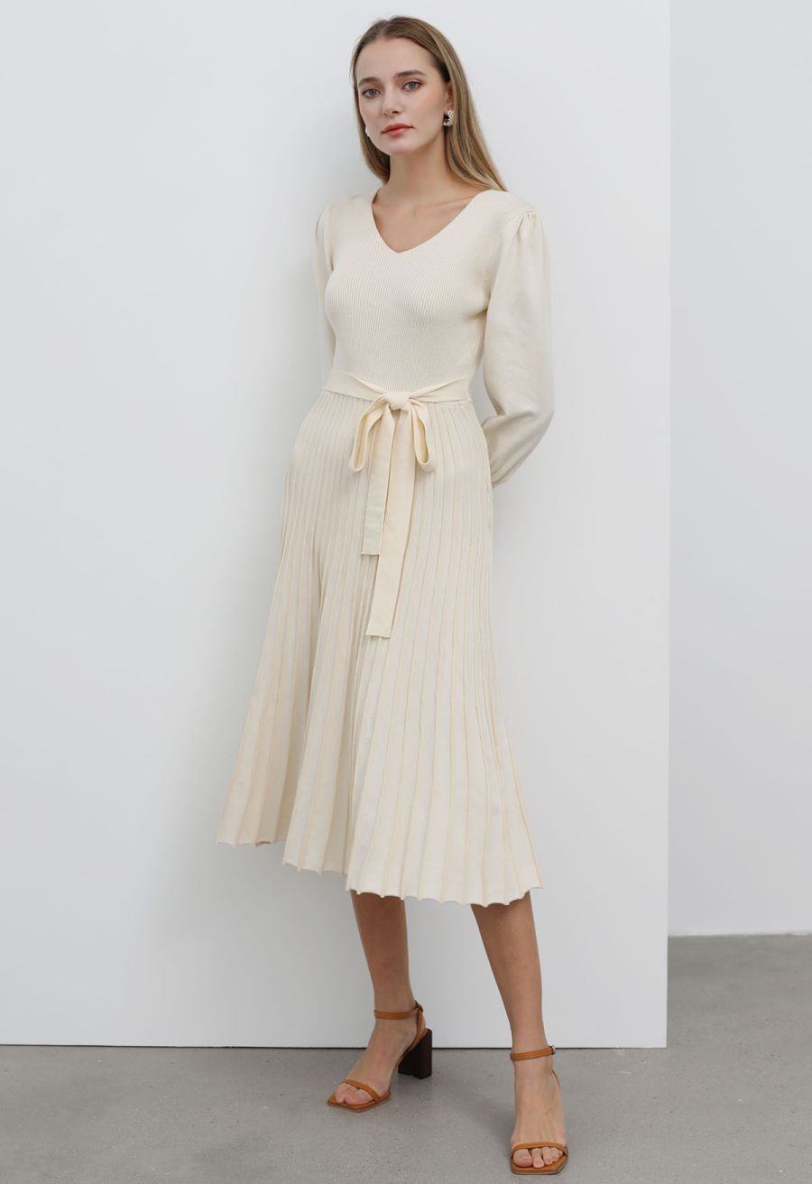 Captivating V-Neck Tie Waist Pleated Knit Dress in Cream