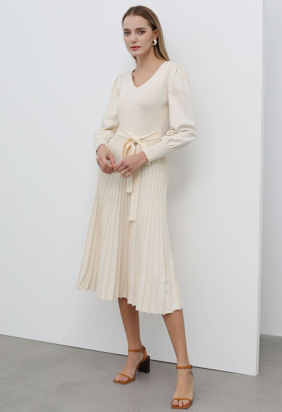 Captivating V-Neck Tie Waist Pleated Knit Dress in Cream