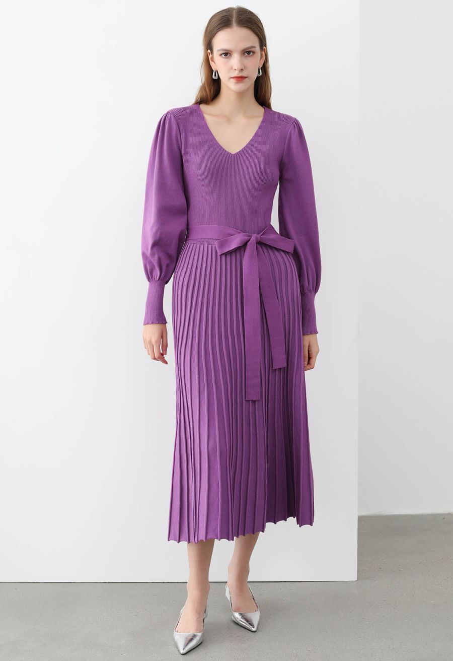 Captivating V-Neck Tie Waist Pleated Knit Dress in Purple