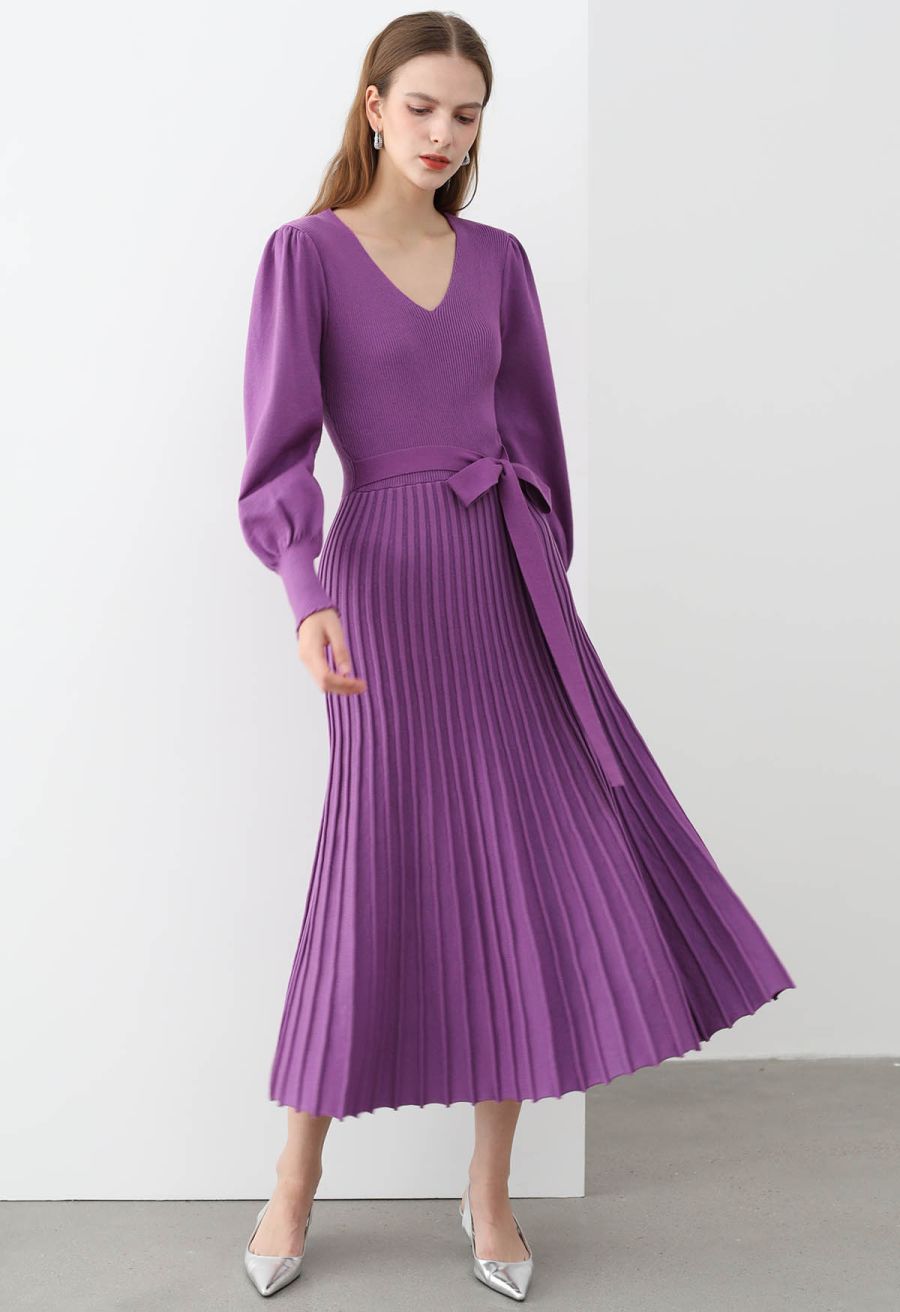 Captivating V-Neck Tie Waist Pleated Knit Dress in Purple