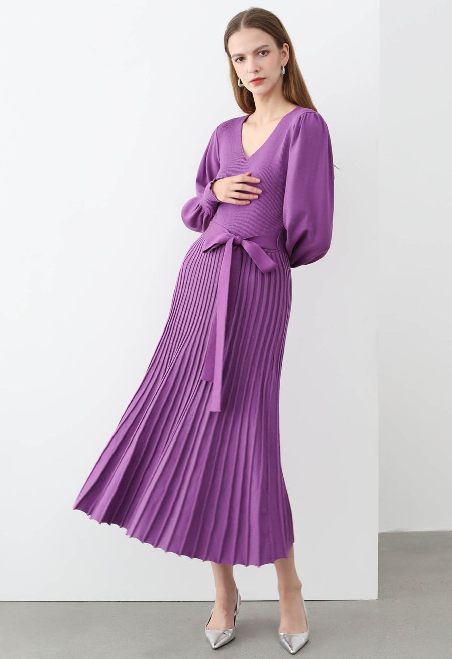 Captivating V-Neck Tie Waist Pleated Knit Dress in Purple