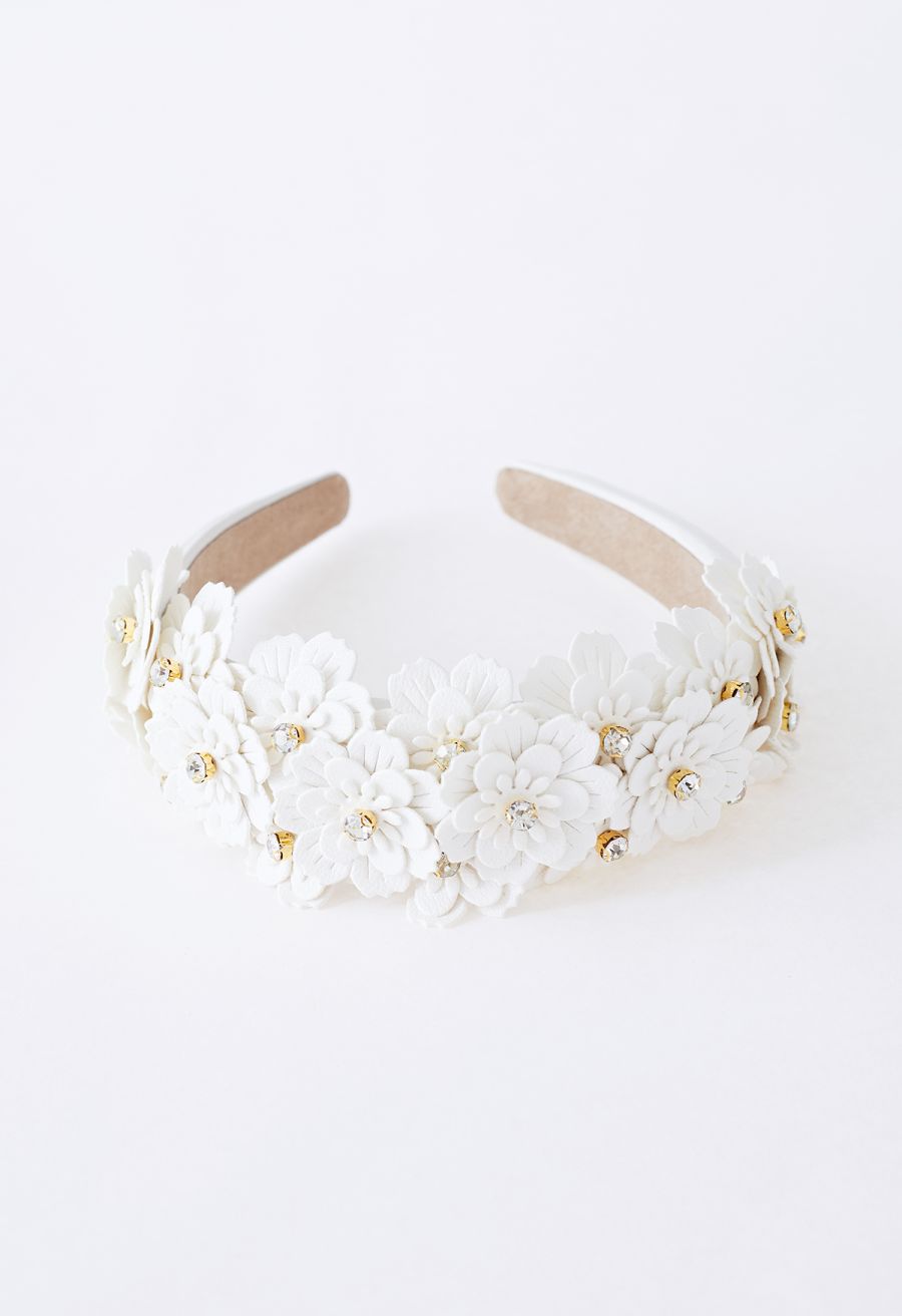 Rhinestone Floral Applique Headband in Ivory