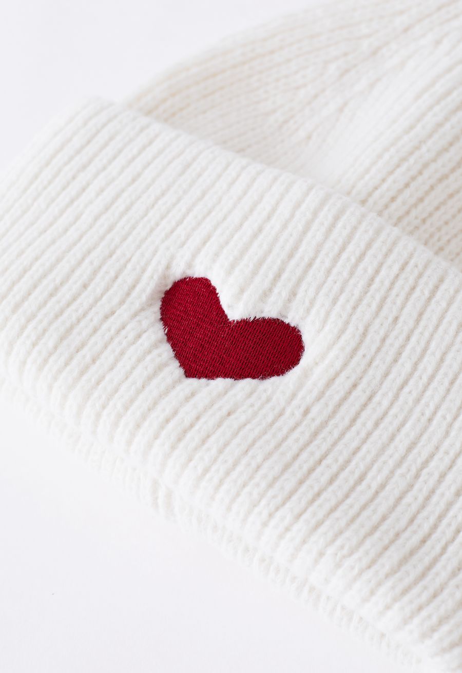 Heart Patch Folded Beanie Hat in White