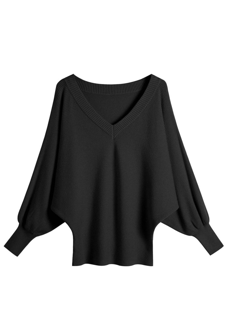 V-Neck Batwing Sleeves Pullover Knit Sweater in Black