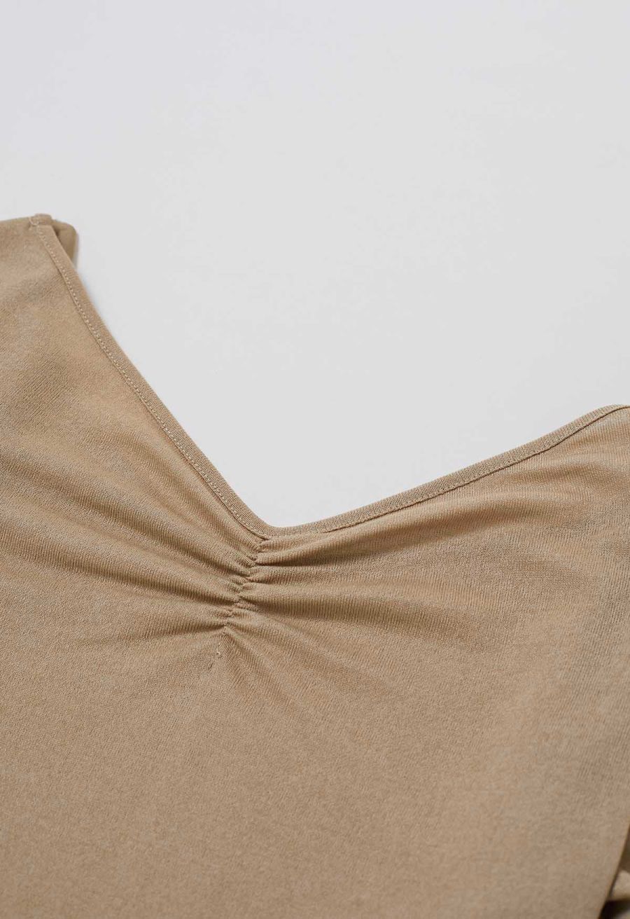 Self-Tie Bowknot Back Ruched V-Neck Top in Light Tan