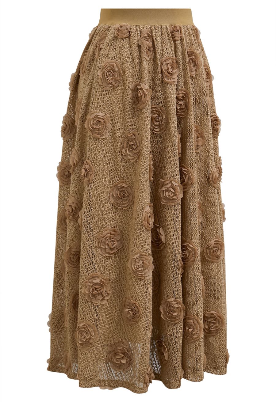 3D Rose Openwork Cotton Midi Skirt in Camel