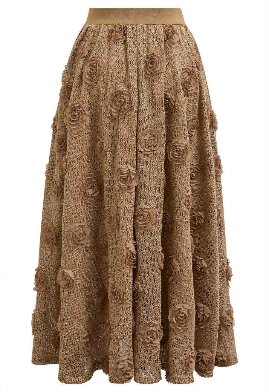 3D Rose Openwork Cotton Midi Skirt in Camel