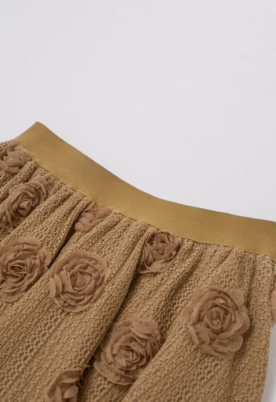 3D Rose Openwork Cotton Midi Skirt in Camel