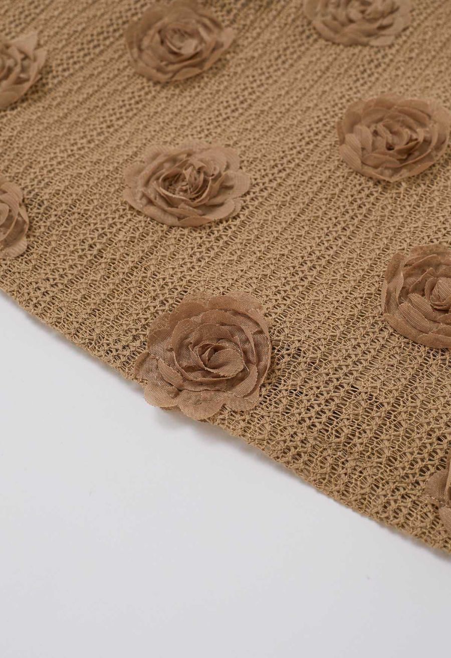 3D Rose Openwork Cotton Midi Skirt in Camel