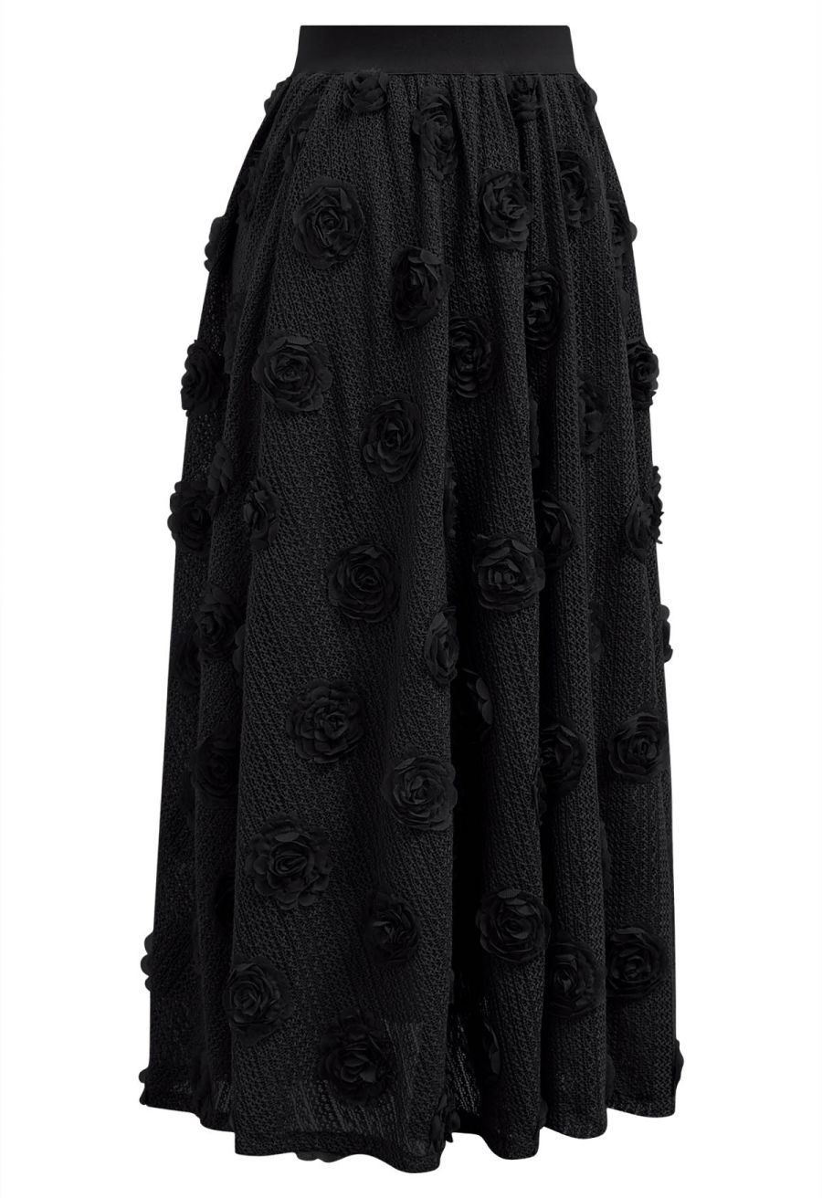3D Rose Openwork Cotton Midi Skirt in Black