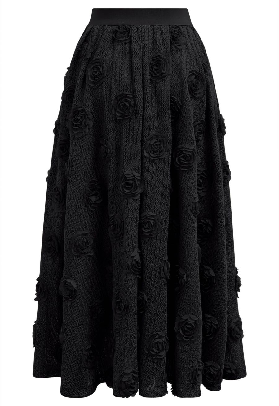 3D Rose Openwork Cotton Midi Skirt in Black