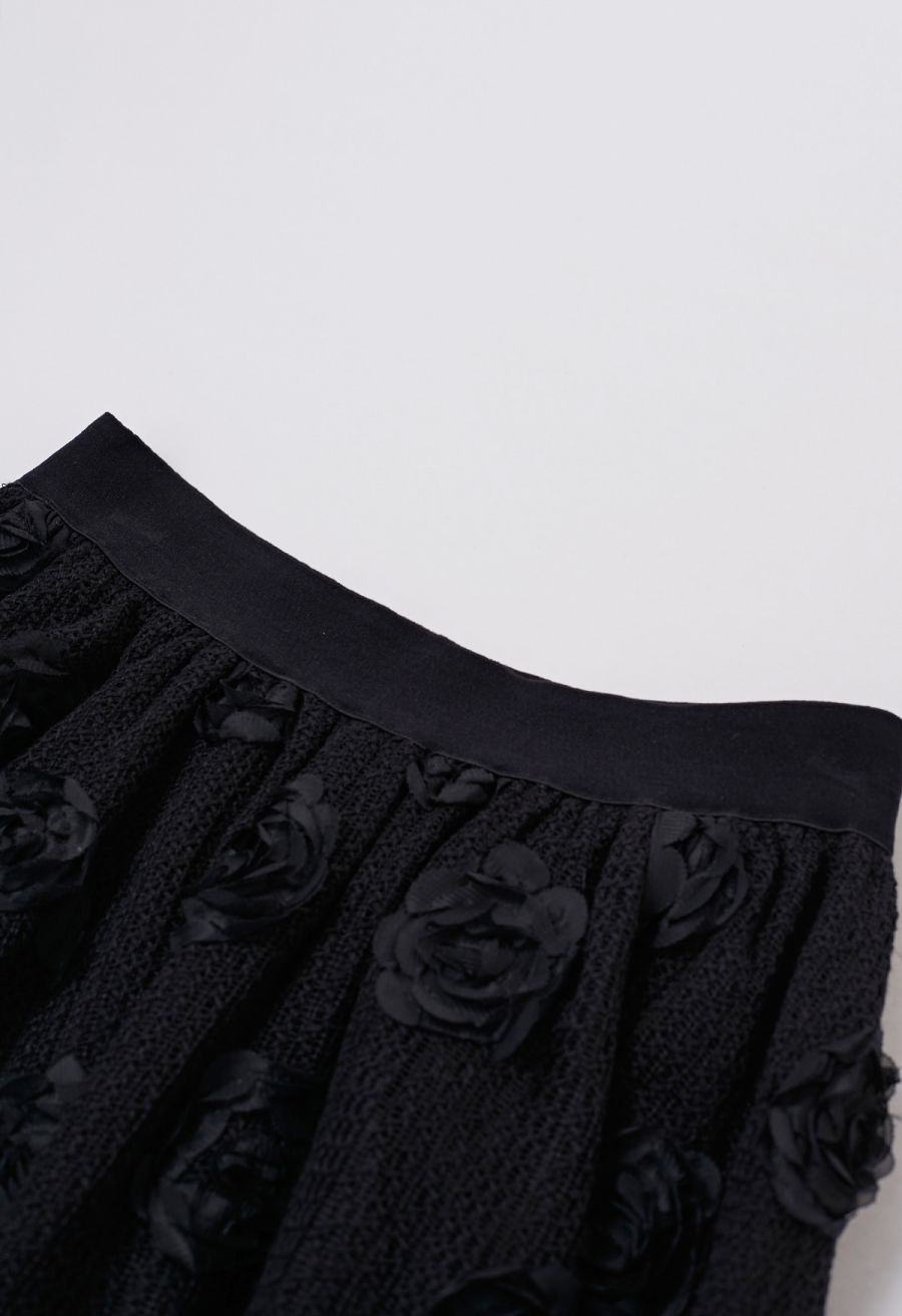 3D Rose Openwork Cotton Midi Skirt in Black