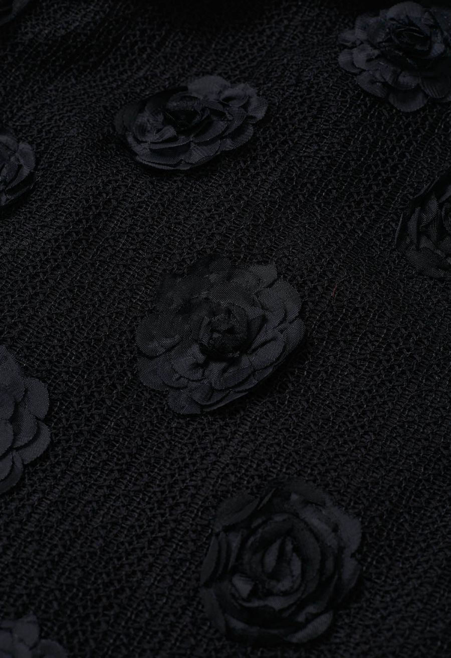 3D Rose Openwork Cotton Midi Skirt in Black