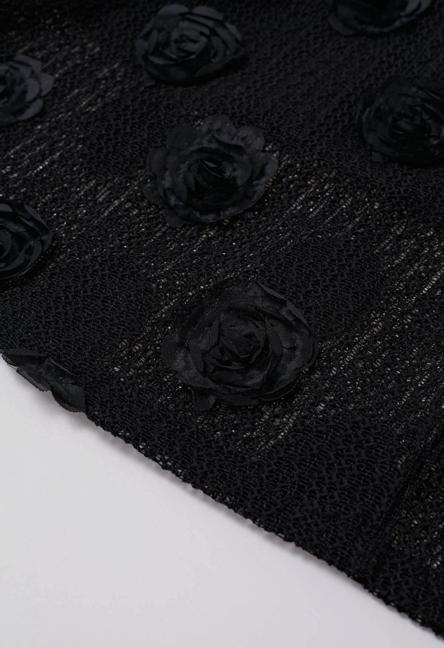 3D Rose Openwork Cotton Midi Skirt in Black