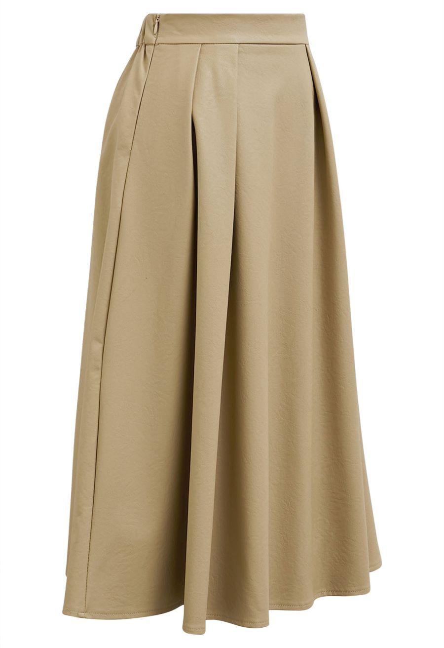 Faux Leather Pleated Flare Midi Skirt in Khaki