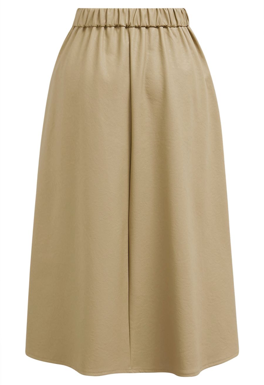 Faux Leather Pleated Flare Midi Skirt in Khaki