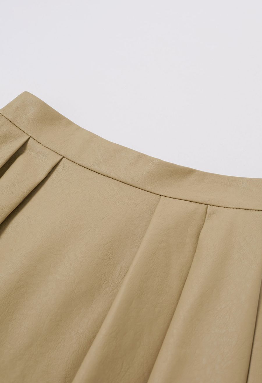 Faux Leather Pleated Flare Midi Skirt in Khaki