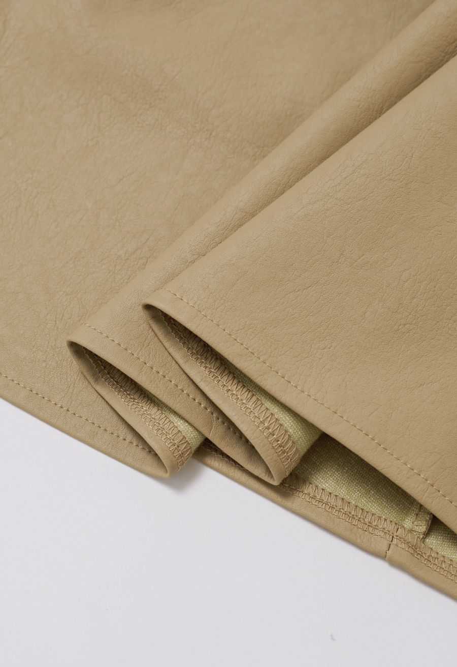 Faux Leather Pleated Flare Midi Skirt in Khaki