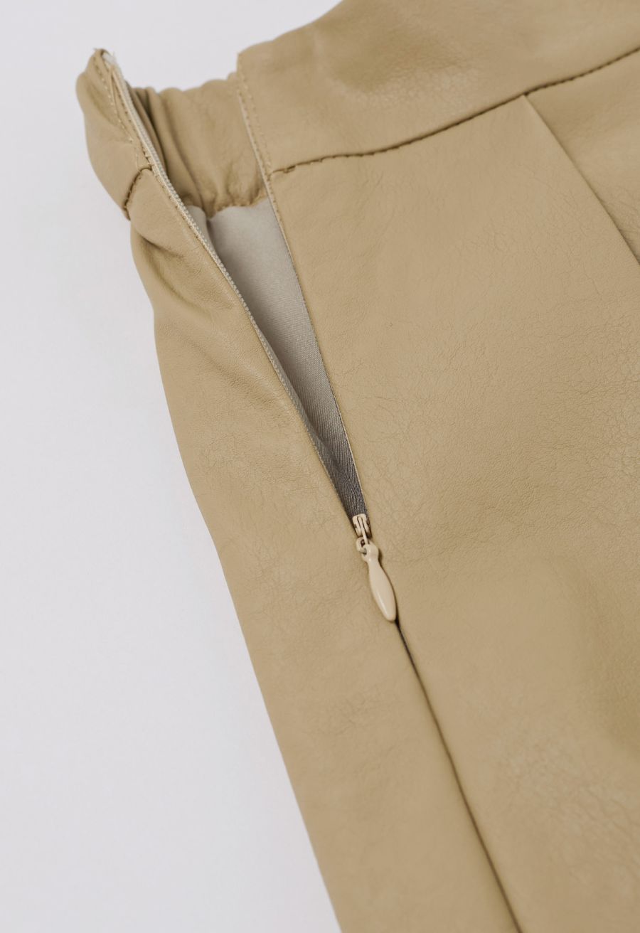 Faux Leather Pleated Flare Midi Skirt in Khaki