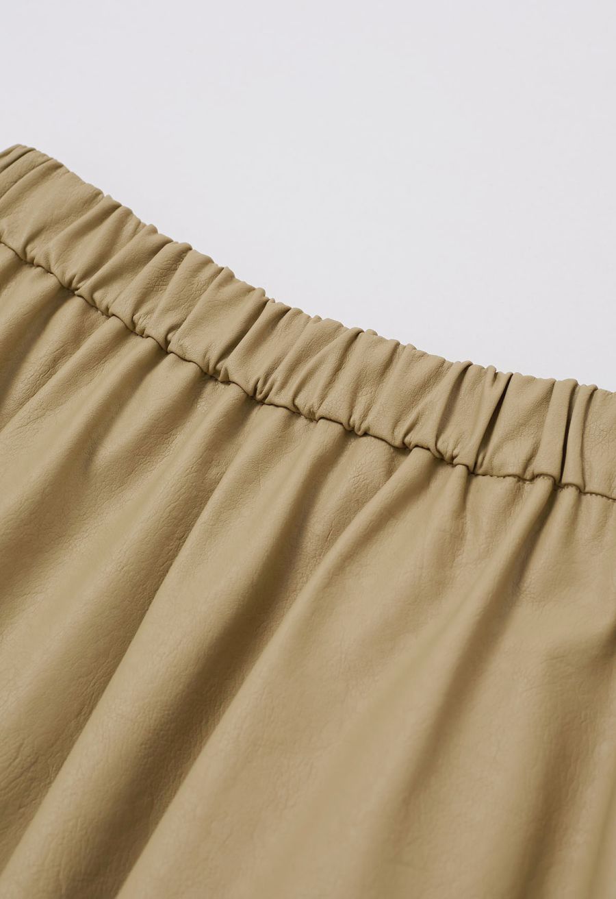Faux Leather Pleated Flare Midi Skirt in Khaki