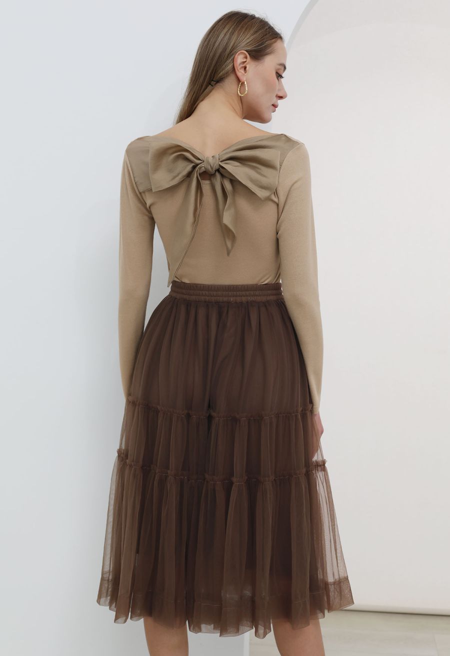 Self-Tie Bowknot Back Ruched V-Neck Top in Light Tan