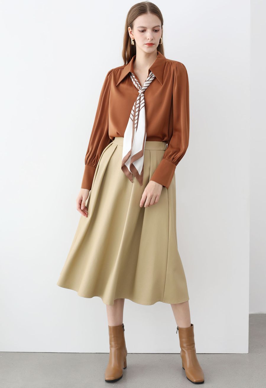 Faux Leather Pleated Flare Midi Skirt in Khaki