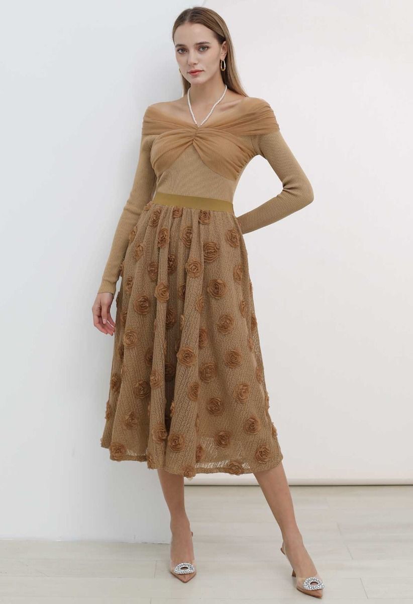 3D Rose Openwork Cotton Midi Skirt in Camel