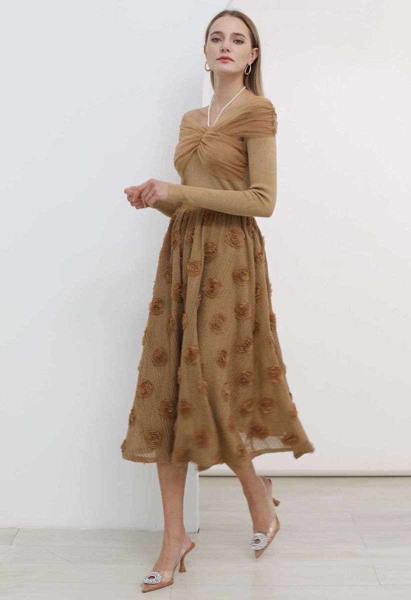 3D Rose Openwork Cotton Midi Skirt in Camel