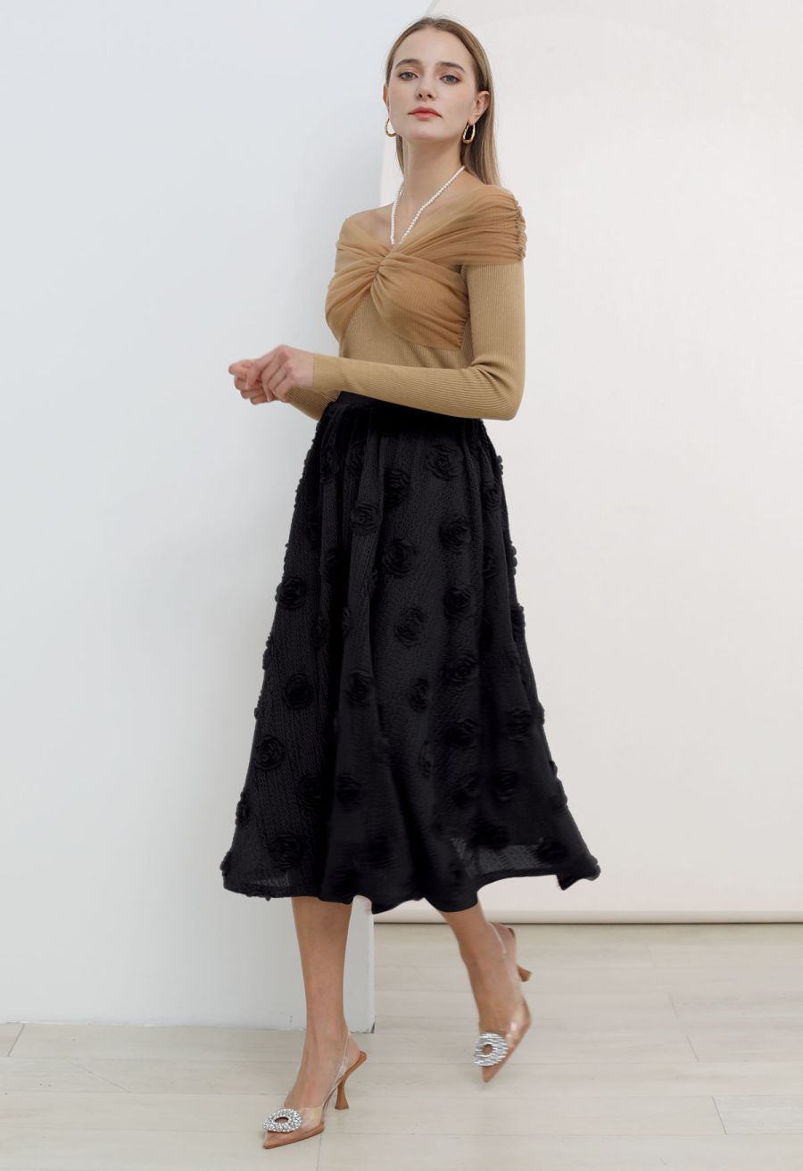 3D Rose Openwork Cotton Midi Skirt in Black