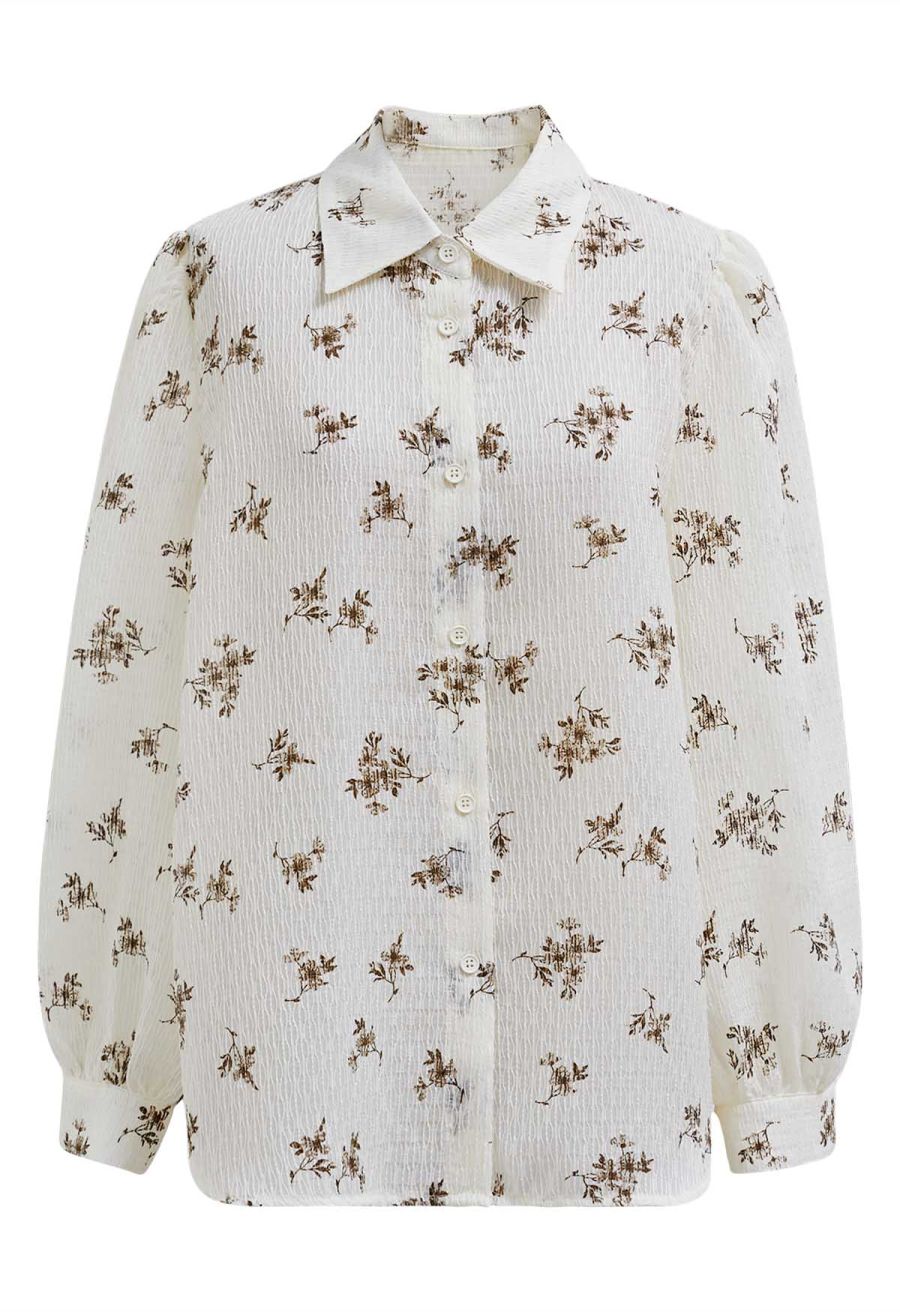 Floret Print Texture Button Down Shirt in Cream
