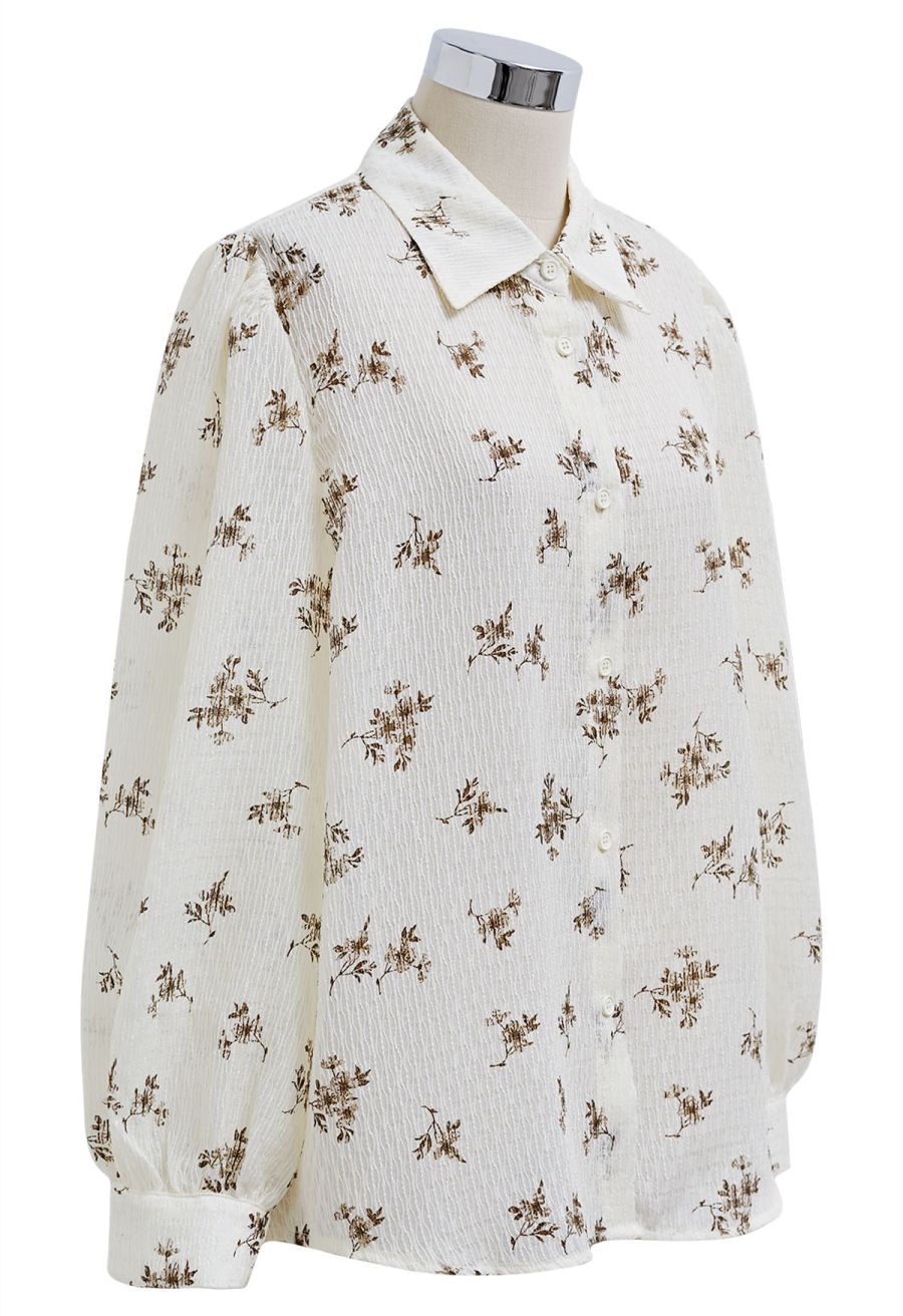 Floret Print Texture Button Down Shirt in Cream