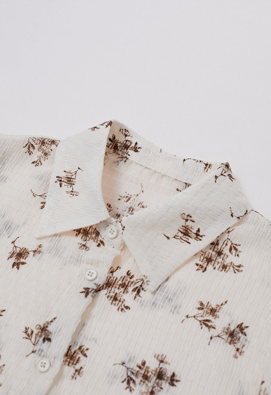 Floret Print Texture Button Down Shirt in Cream