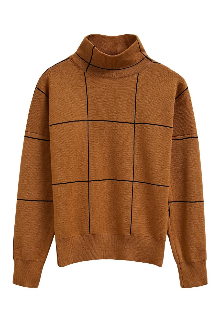 Grid Turtleneck Sweater in Pumpkin