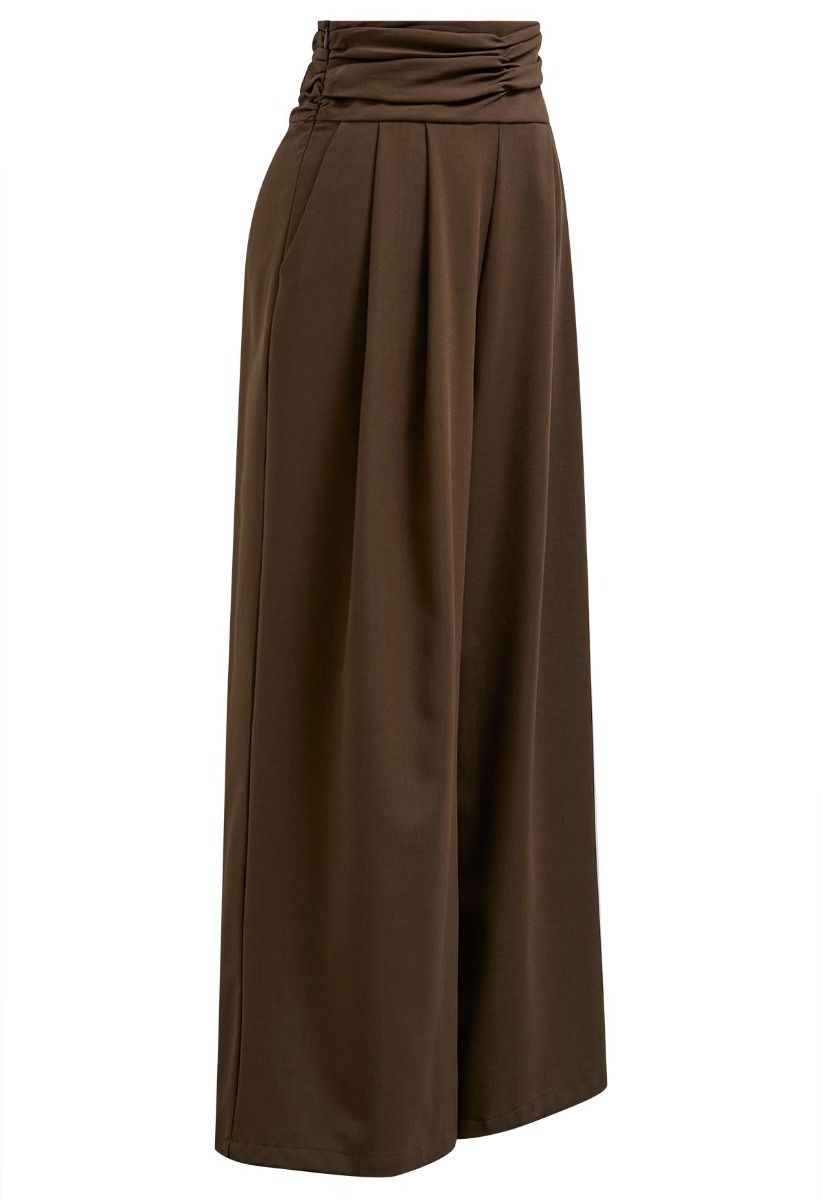 Ruched High Waist Pleated Wide-Leg Pants in Brown