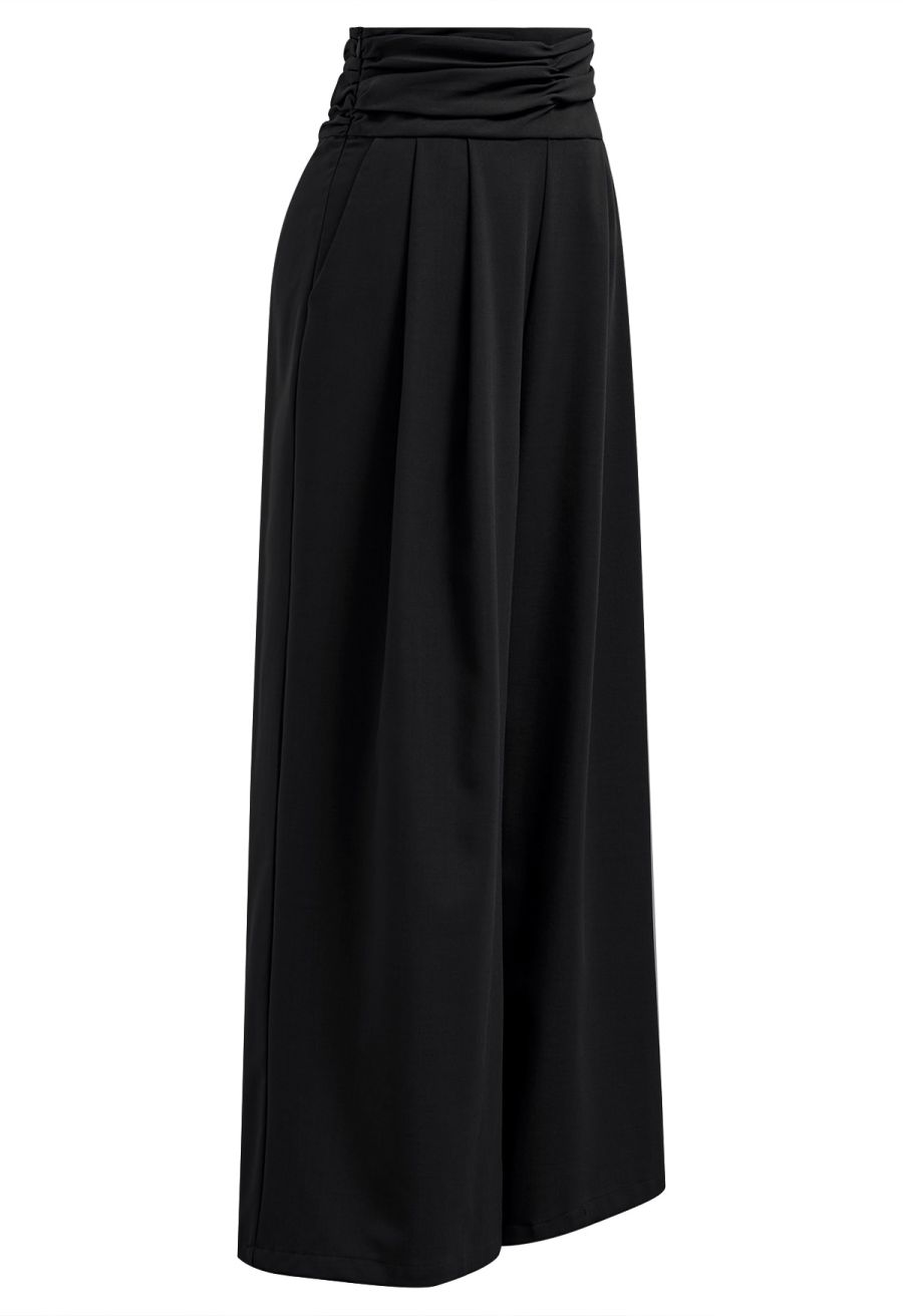 Ruched High Waist Pleated Wide-Leg Pants in Black
