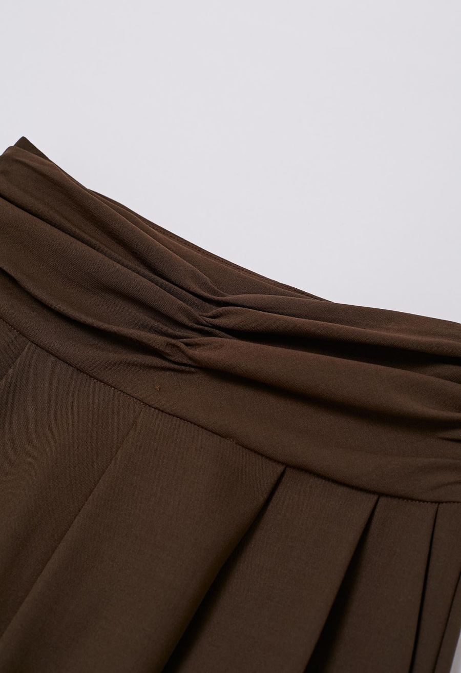 Ruched High Waist Pleated Wide-Leg Pants in Brown