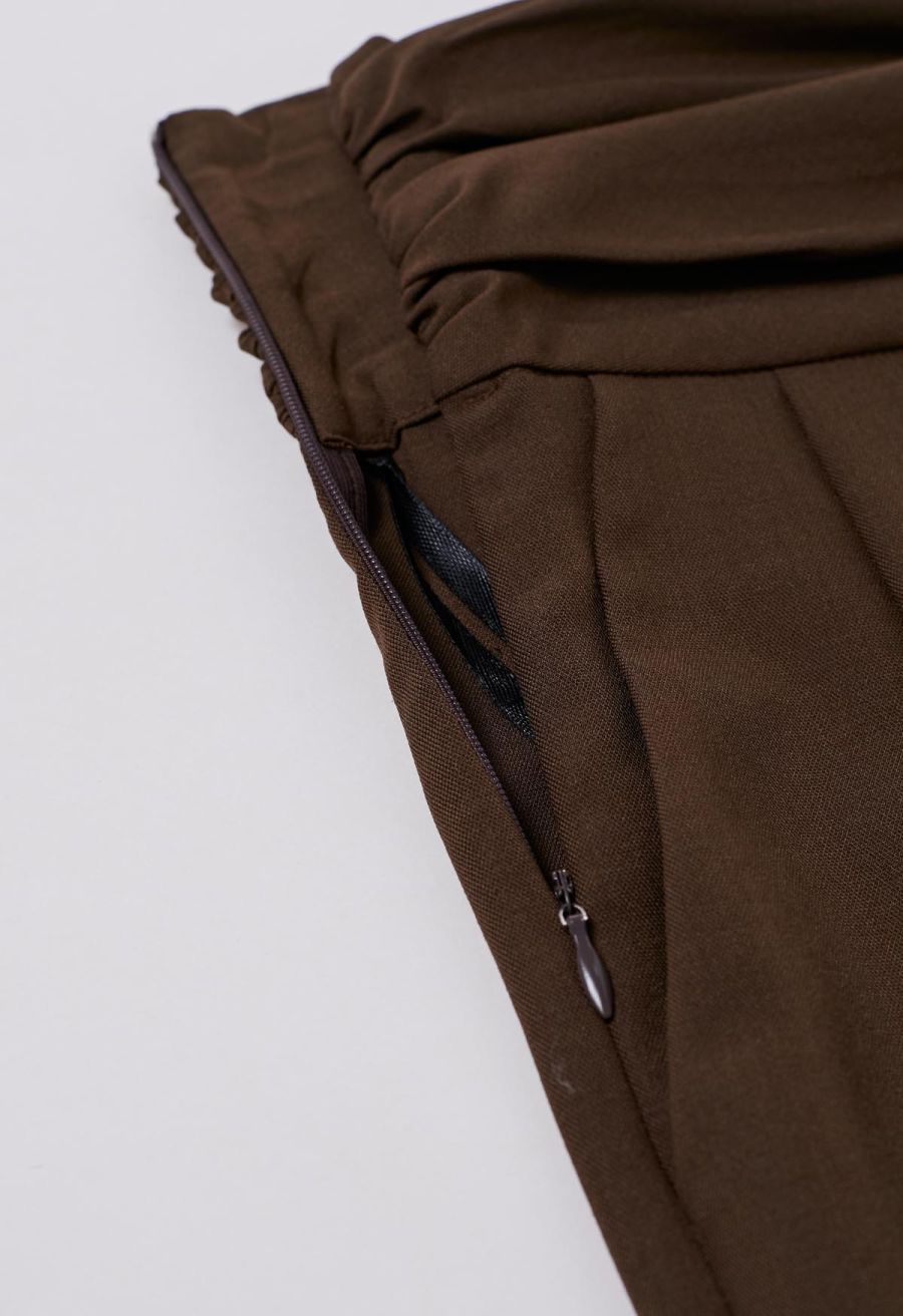 Ruched High Waist Pleated Wide-Leg Pants in Brown