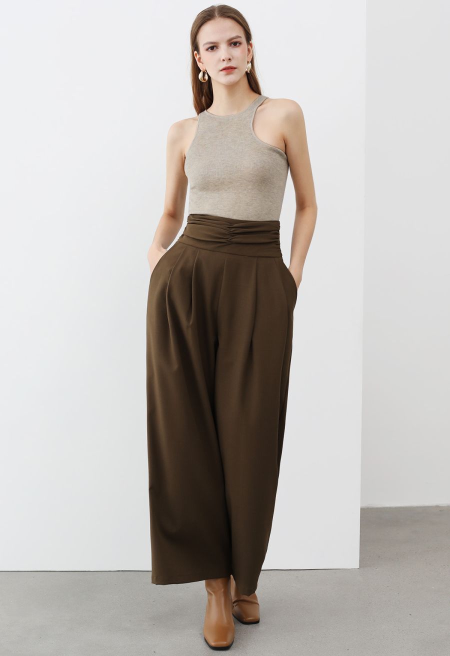 Ruched High Waist Pleated Wide-Leg Pants in Brown