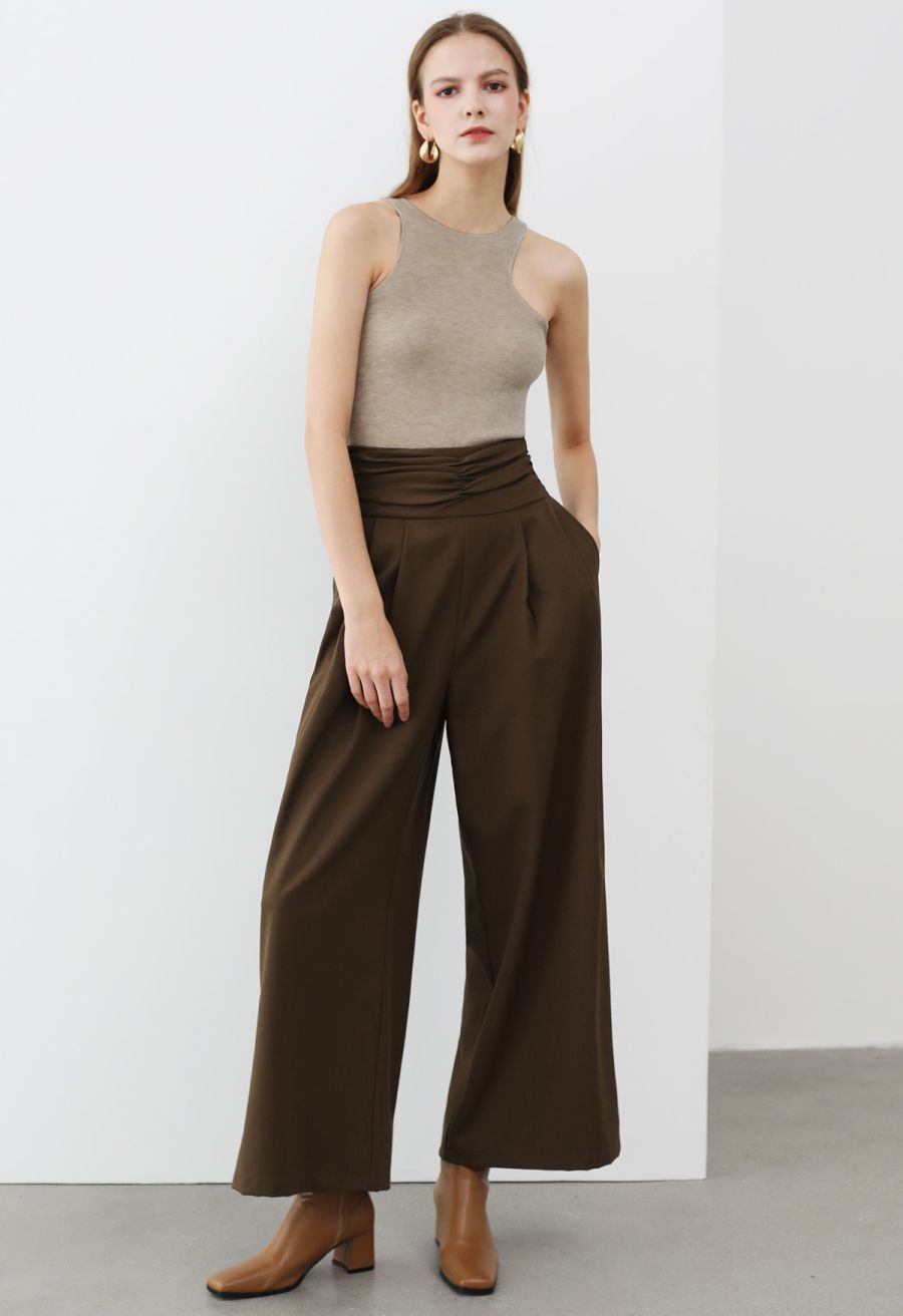 Ruched High Waist Pleated Wide-Leg Pants in Brown