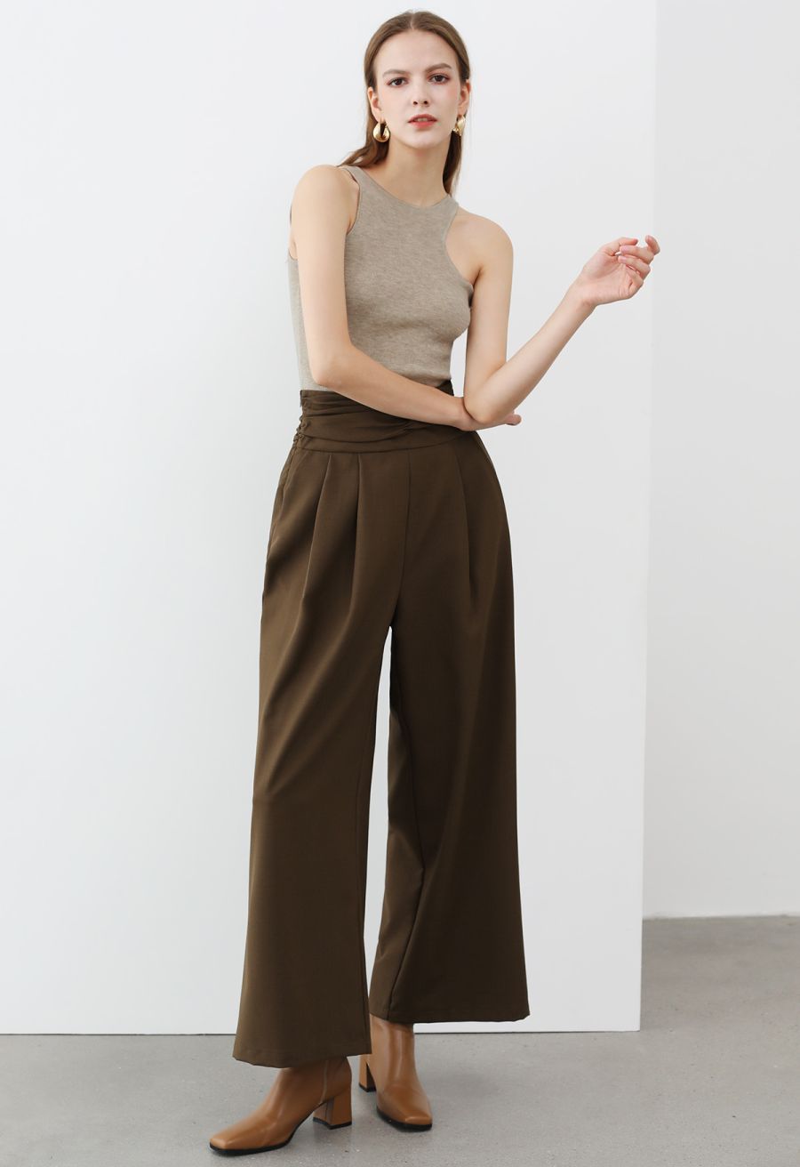 Ruched High Waist Pleated Wide-Leg Pants in Brown