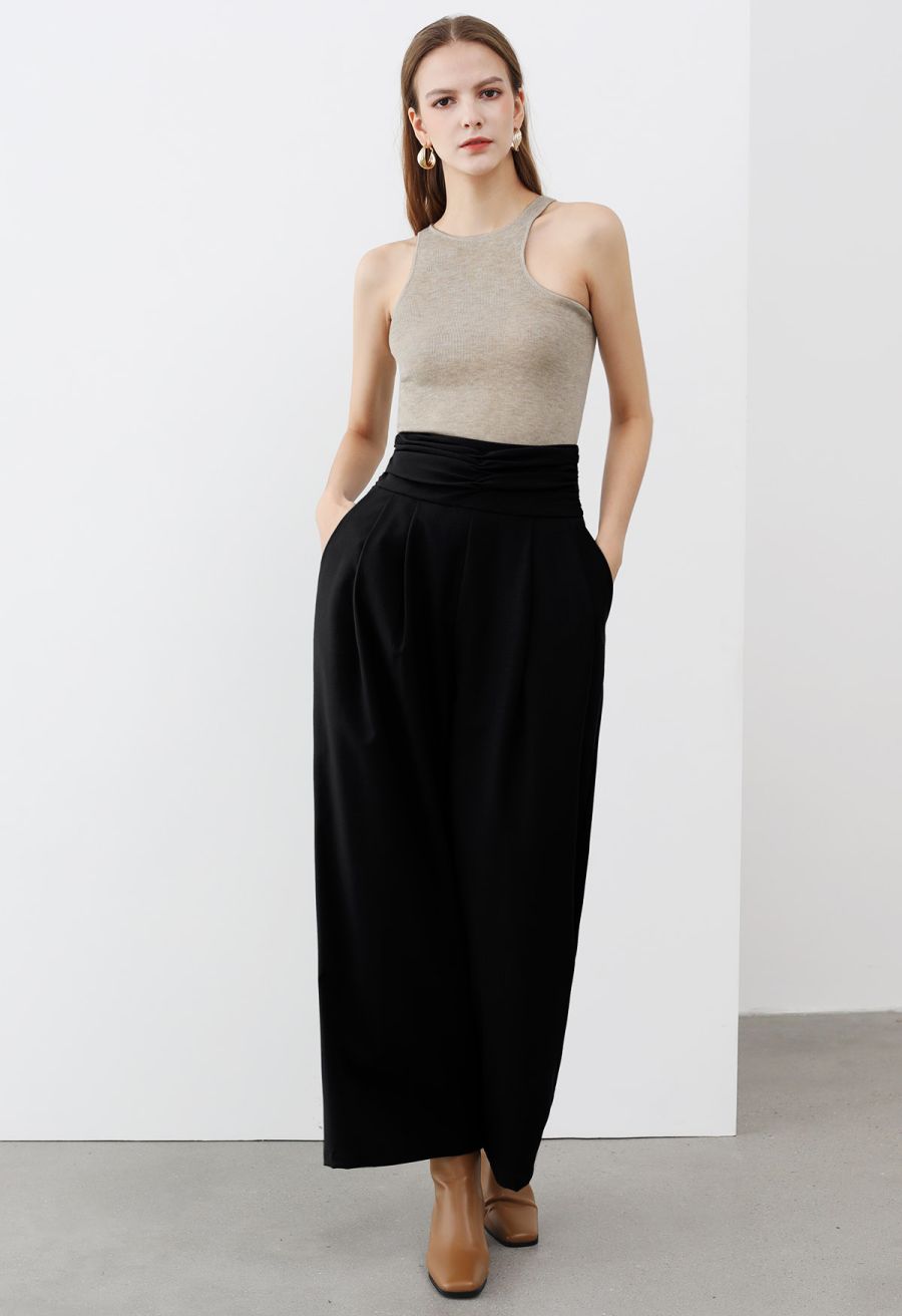 Ruched High Waist Pleated Wide-Leg Pants in Black