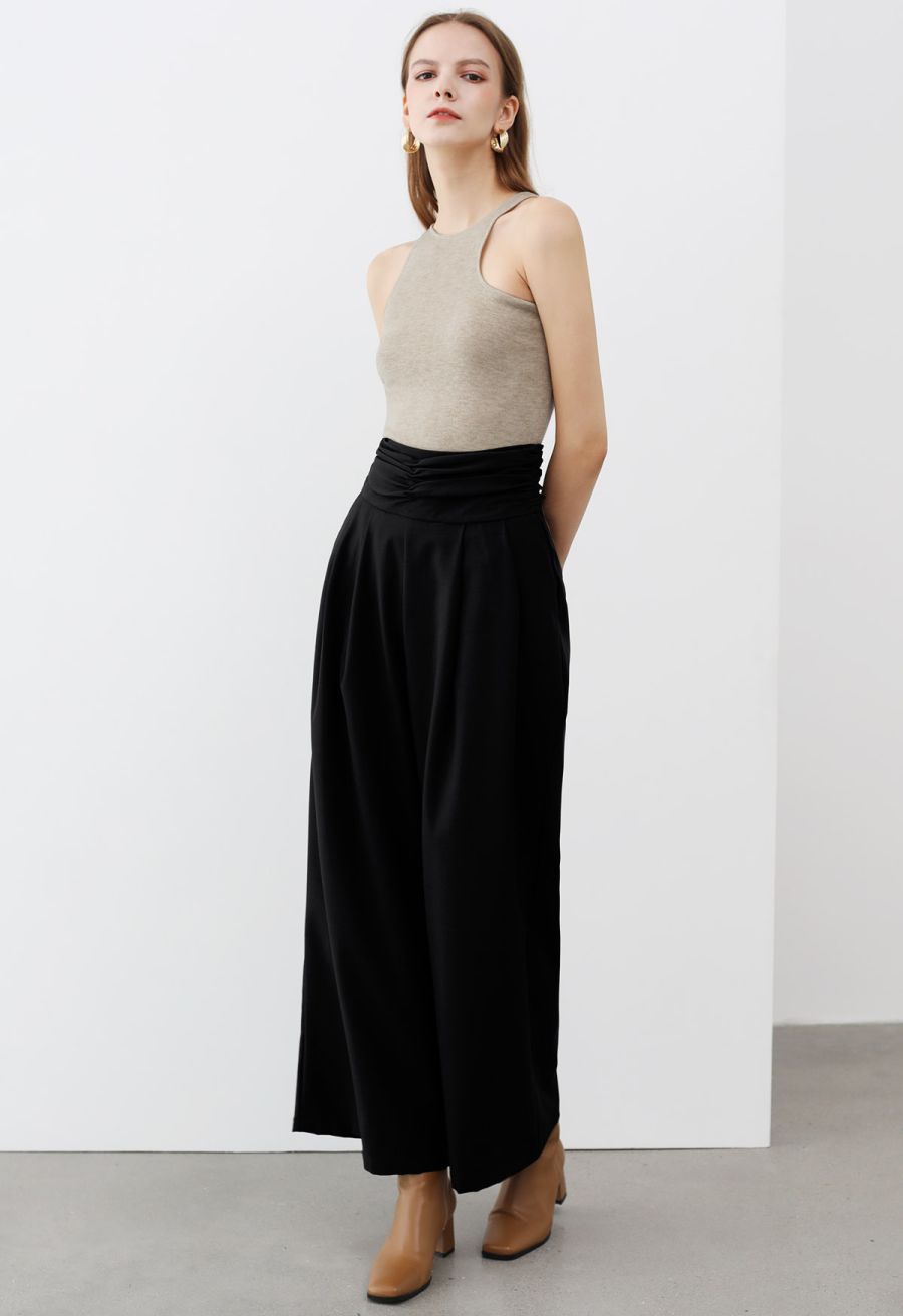 Ruched High Waist Pleated Wide-Leg Pants in Black