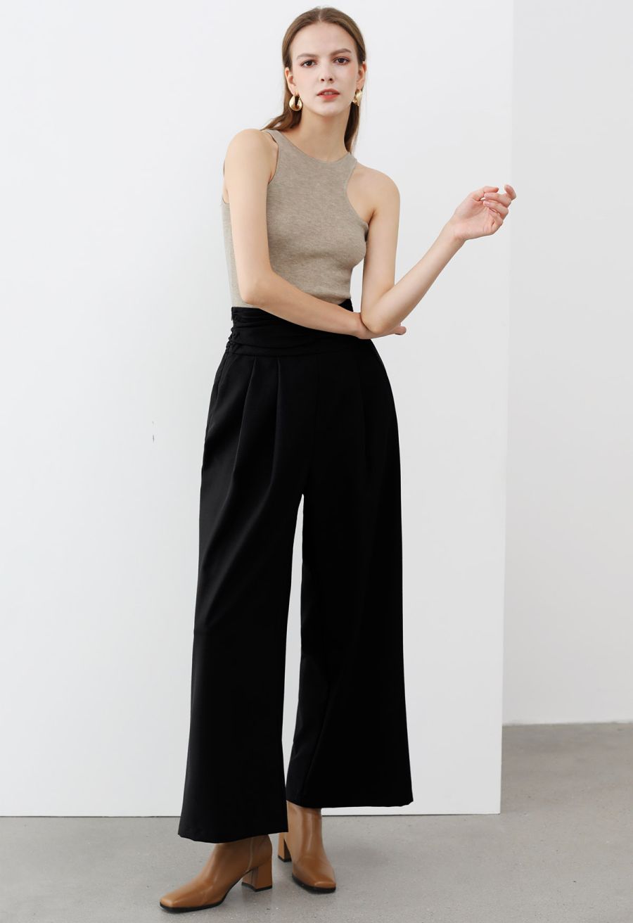 Ruched High Waist Pleated Wide-Leg Pants in Black