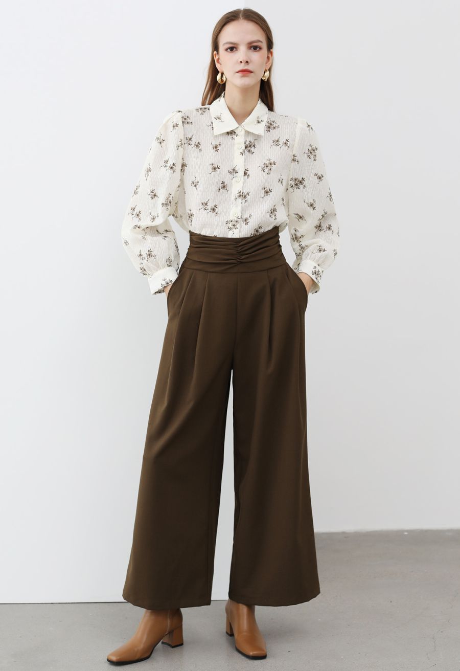 Floret Print Texture Button Down Shirt in Cream